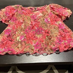 Vintage Pink & Brown Floral Short Sleeve Blouse